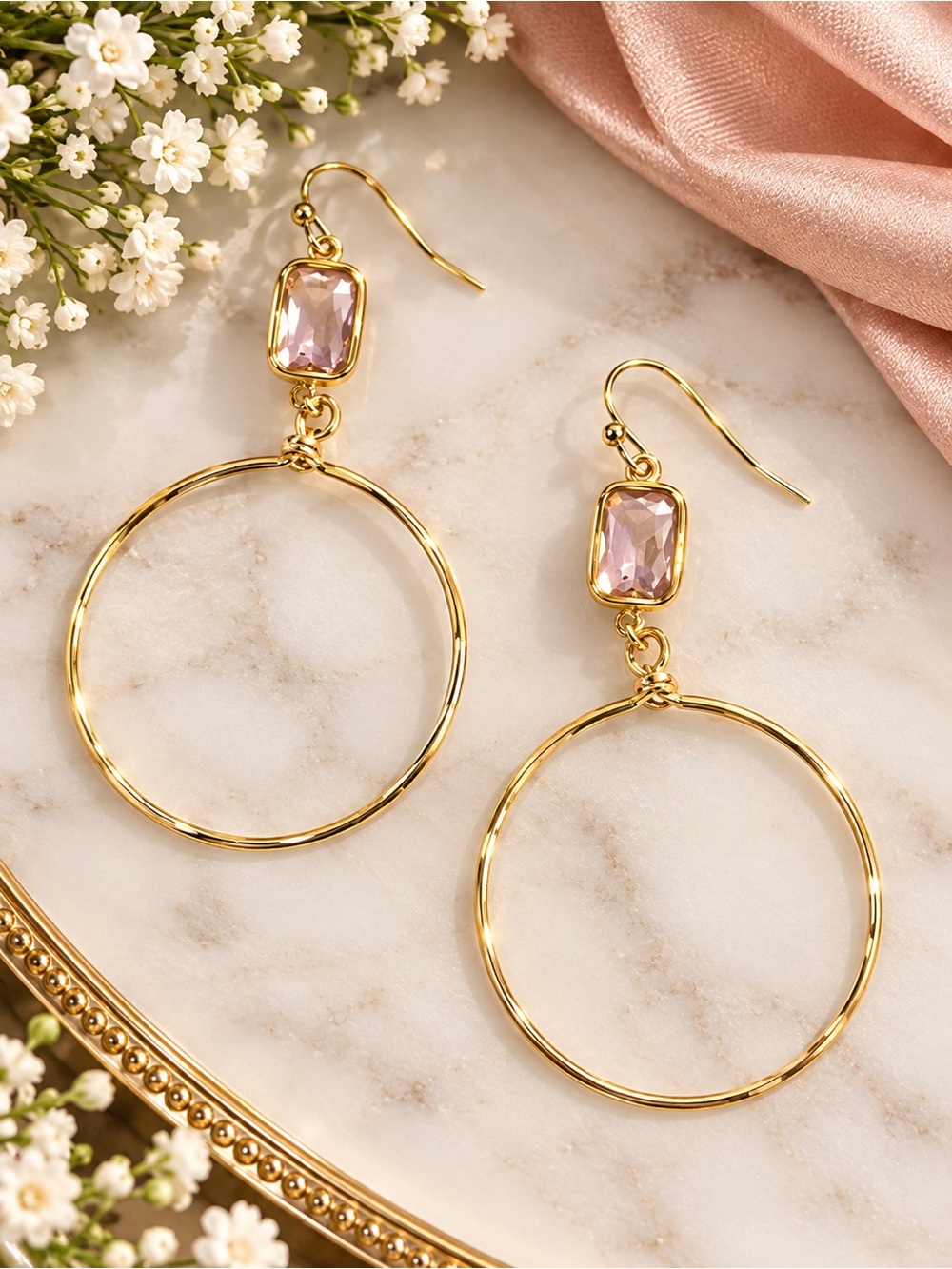 Gold Hoop Earrings with Pink Gem Accent - Women Jewelry
